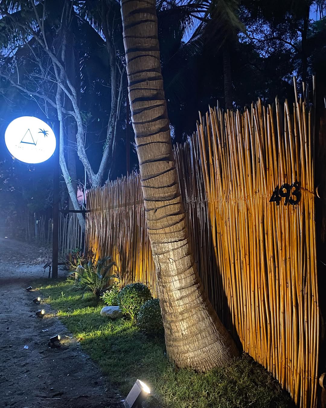 The Frame Bolinao — evening exterior among the palms